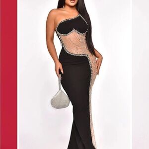 BLACK HEART SHAPED RHINESTONE PEARL NUDE MESH ONE SHOULDER FULL LENGTH GOWN XL
